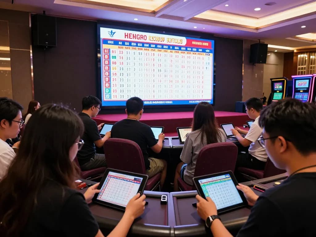 Watch live draws for hongkong pools with players tracking winning numbers on tablets