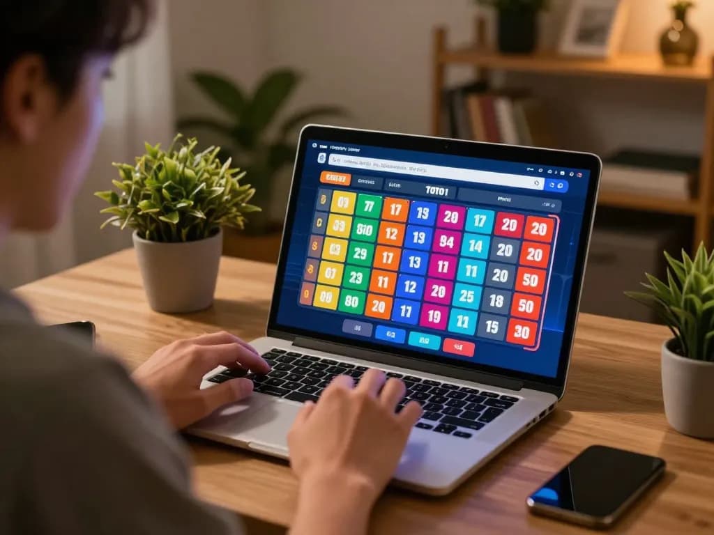 Enjoying an engaging toto togel game at home on laptop, showcasing strategic gameplay and comfortable ambiance.