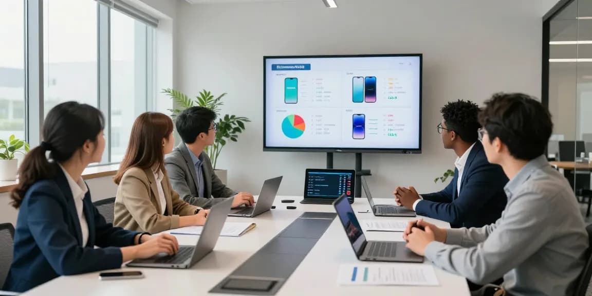 Team discussing business mobile comparison UK options in a modern office.