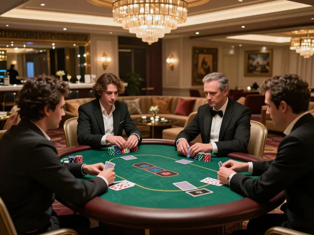 Players strategizing at the exclusive g28-t1 poker table in a luxurious casino.