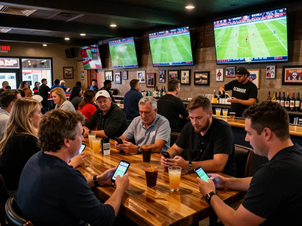 KQBD patrons placing live bets while watching football games at a vibrant sports bar.