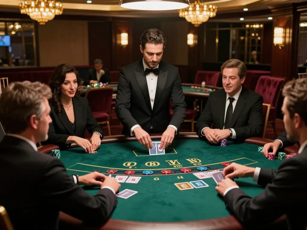 Excited players at O8 casino's blackjack table, betting in a luxurious setting.