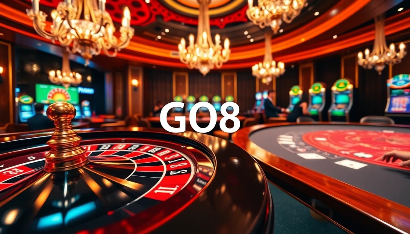 The GO8 casino scene featuring roulette, blackjack, and vibrant poker chips in a luxurious setting.