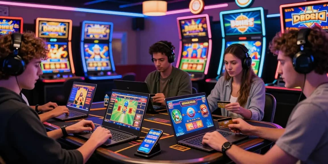 Spinysoft.co.uk showcases players enjoying credit card casinos with vibrant slot machines and bonuses.