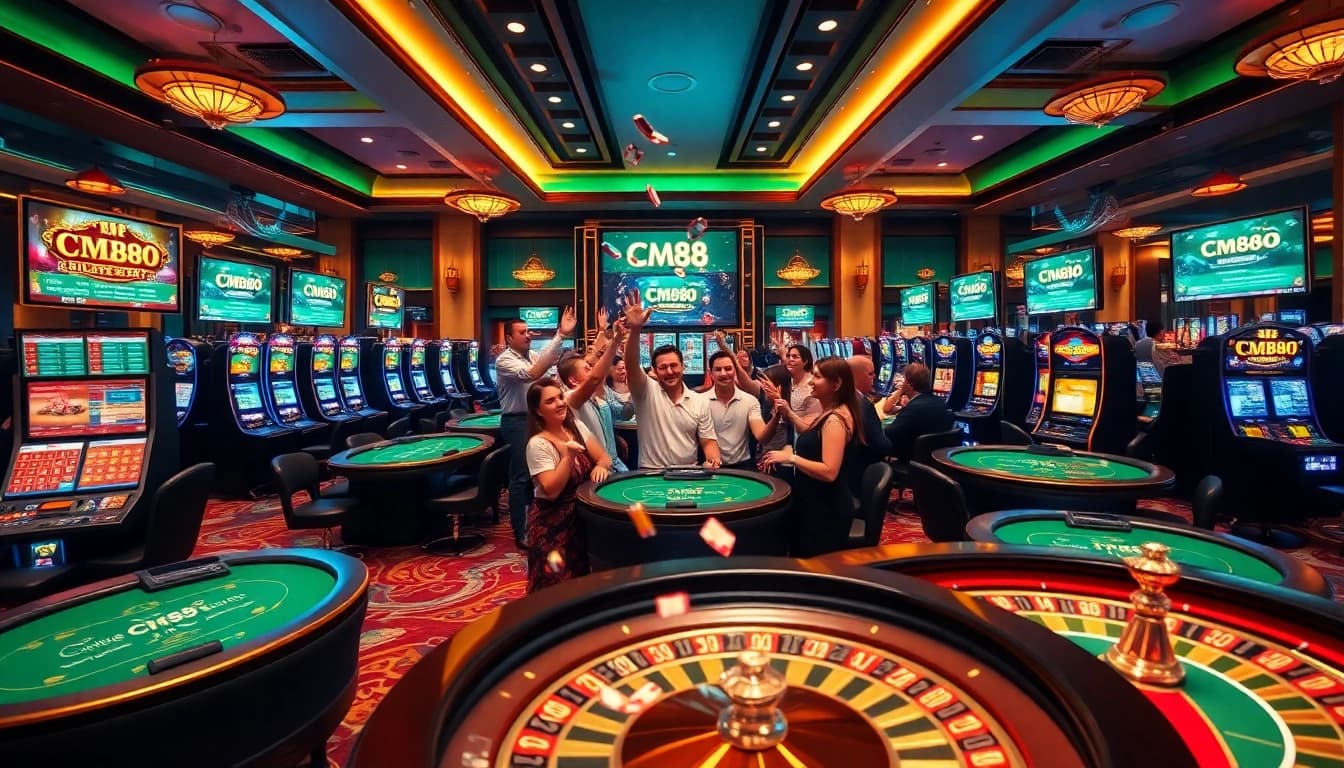 Experience the excitement at CM88 casino with players celebrating a big win at a glamorous gaming table.