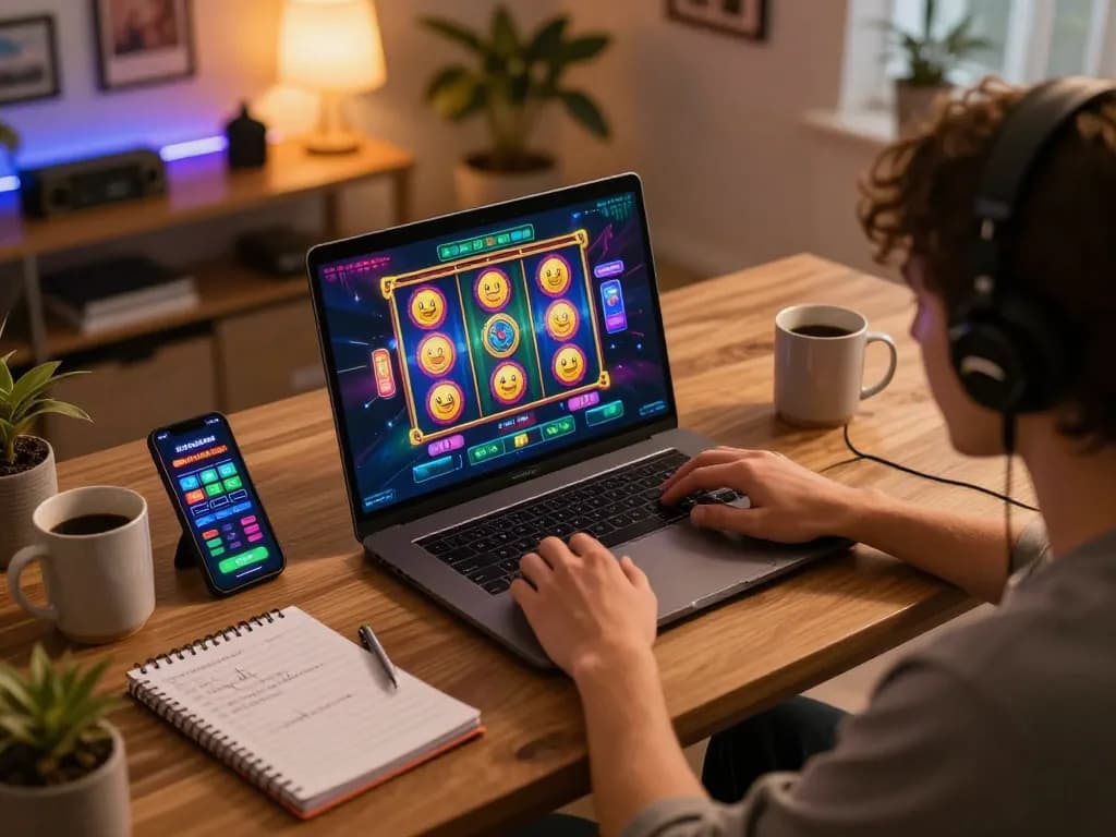 JPTOTO player enjoying online slots at home with vibrant settings and strategy notes.