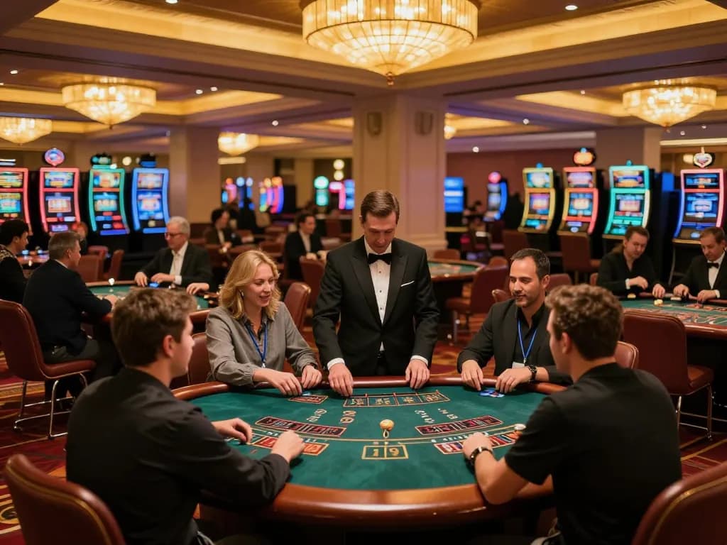 Engaged players at a casino non aams legali blackjack table, showcasing excitement and strategy in a vibrant atmosphere