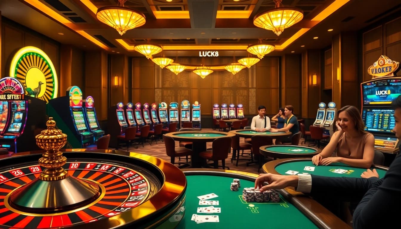 LUCK8 casino scene showcasing players enjoying dynamic gaming options at roulette and slots.