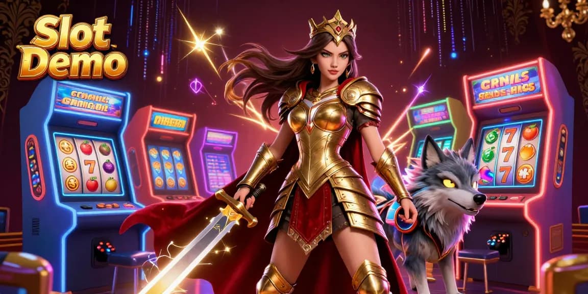 Spin the reels with Slot Demo as a warrior queen and her glowing-eyed wolf companion battle among vibrant game machines.