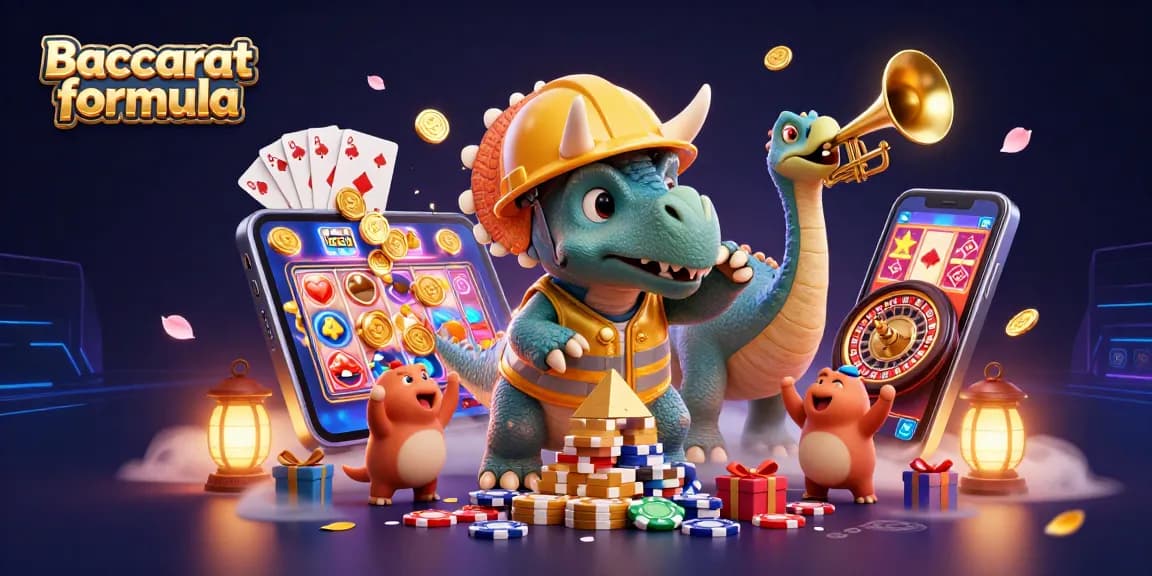 Experience Baccarat formula excitement through a vibrant 3D illustration of dinosaurs celebrating around casino elements.