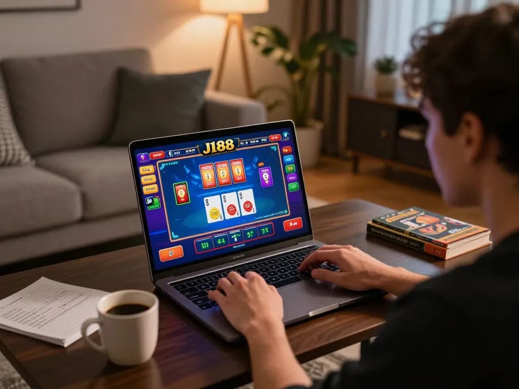 Engaged player exploring J188 casino games on a laptop, showcasing online gaming experience in a cozy setting