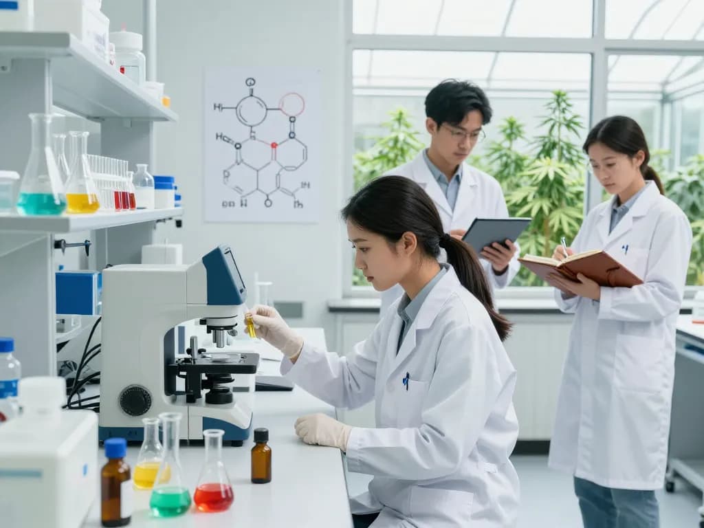 EU cannabinoid manufacturer laboratory scene with scientists analyzing premium extracts and distillates.