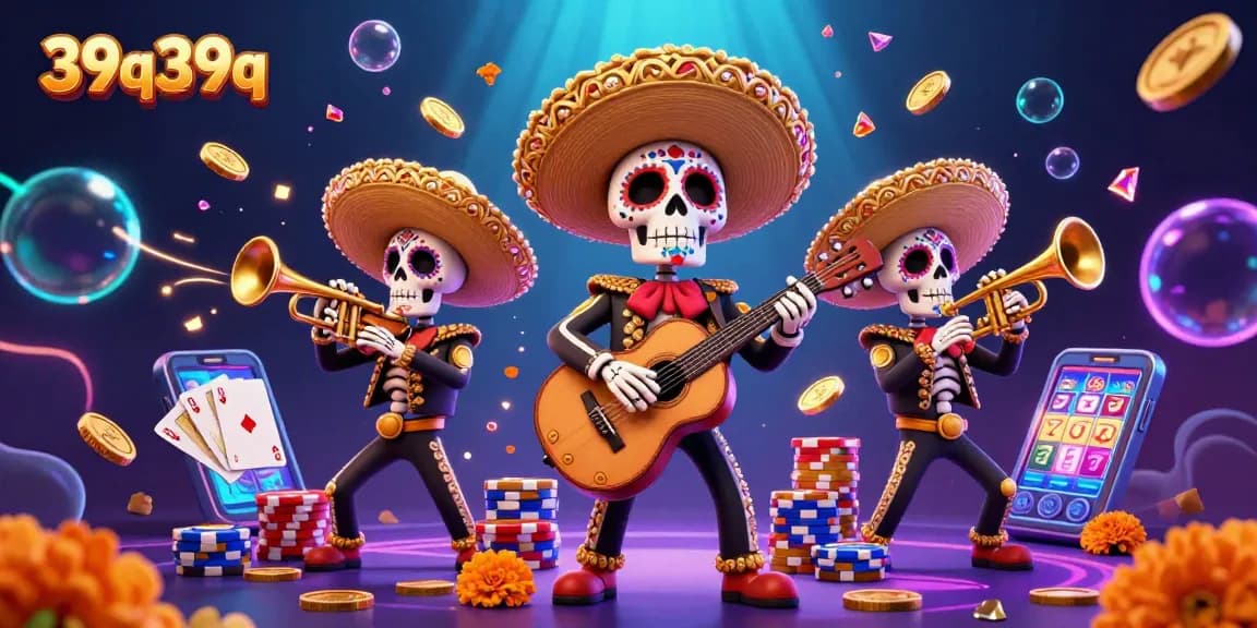 Engage with the dynamic world of 39q39q casino illustration featuring Day of the Dead mariachi band amidst vibrant gambling elements.