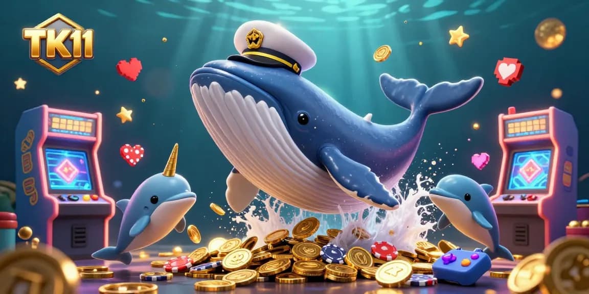 Win big at TK11 with exciting 3D visuals of a whale, narwhal, and dolphins playing casino games.