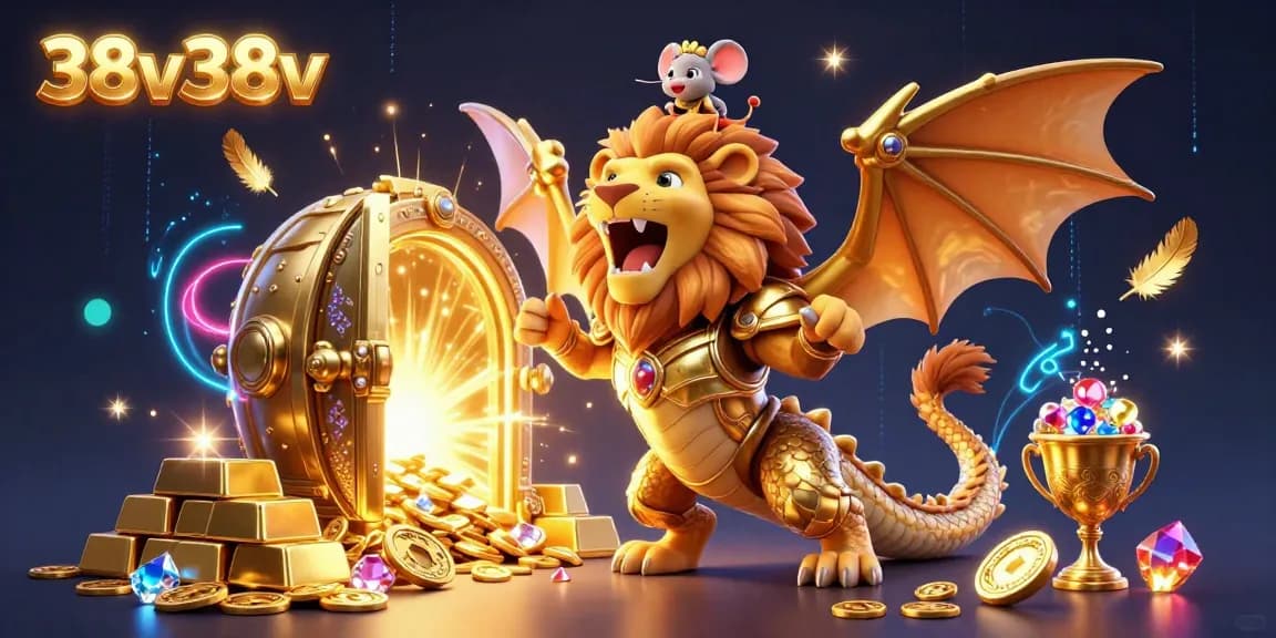 Experience the thrill of 38v38v as a chimera creature roars triumphantly amid treasures in an exhilarating casino atmosphere.