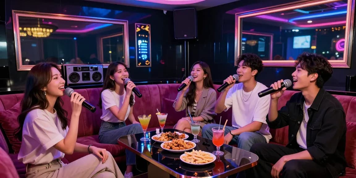 Experience 강남가라오케 with friends in a vibrant, stylish room featuring cocktails and plush seating.