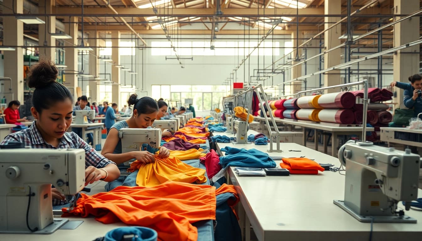 Clothing Suppliers China showcasing skilled artisans crafting quality shorts in a vibrant factory setting.