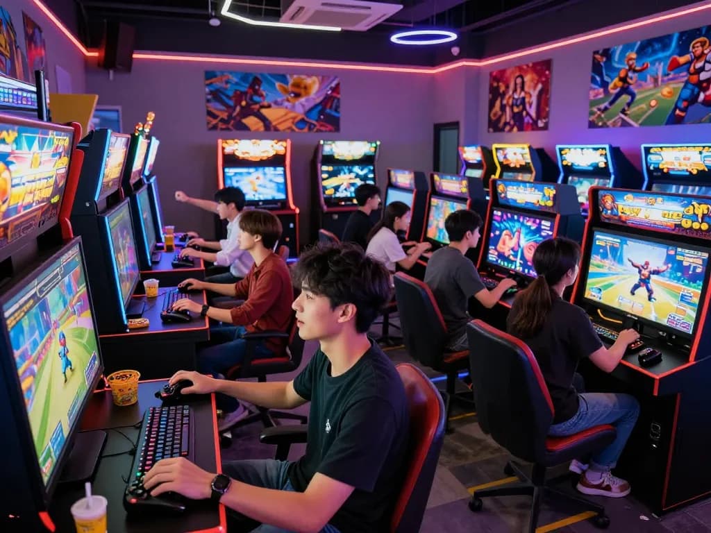 Enthusiastic gamers enjoying autowin88 in a lively online arcade atmosphere.
