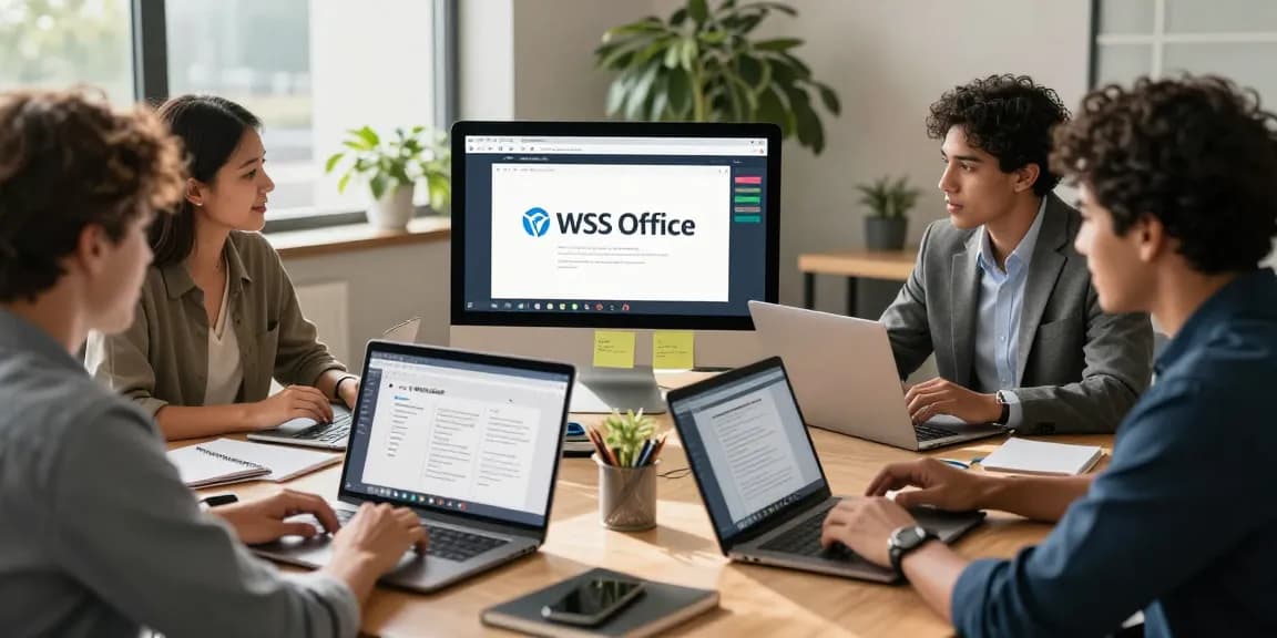 Team collaborating in a modern office for wps下载, showcasing WPS Office software in use for live document editing.