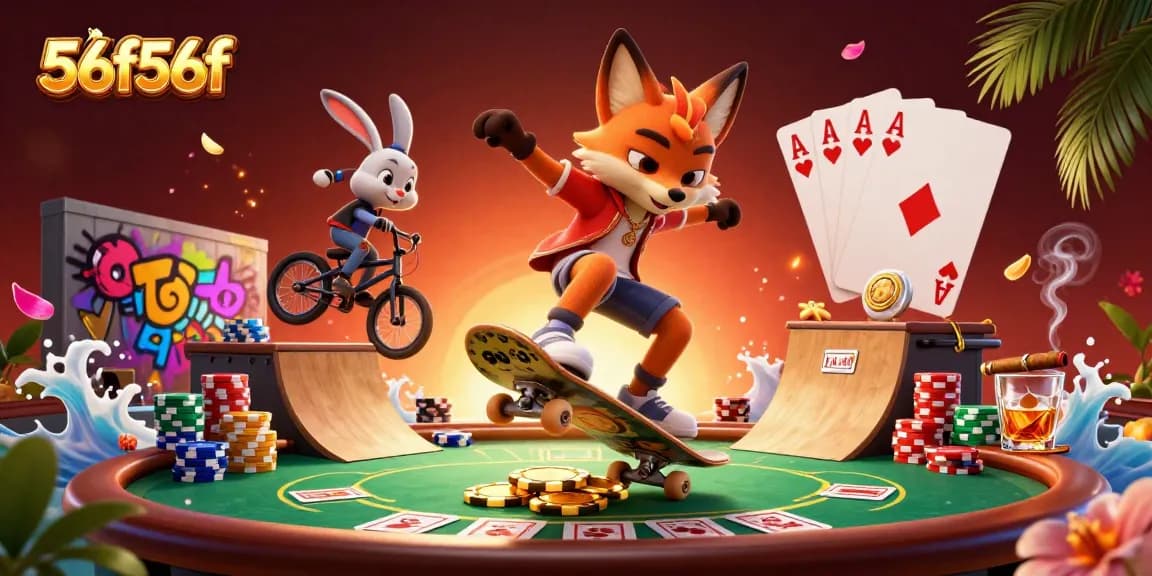 56f56f captura a ação no cassino com uma raposa skatista e um coelho BMX.