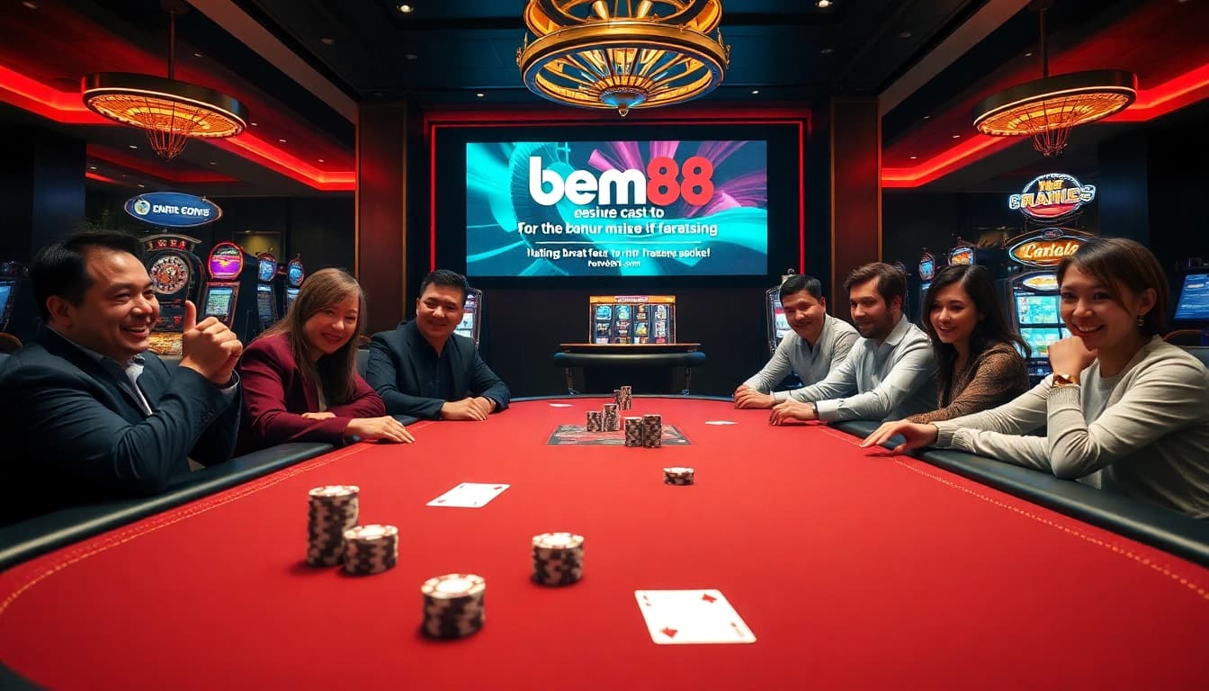 Experience the excitement of professional gambling with https://bem88.com, featuring a poker table and vibrant casino atmosphere.