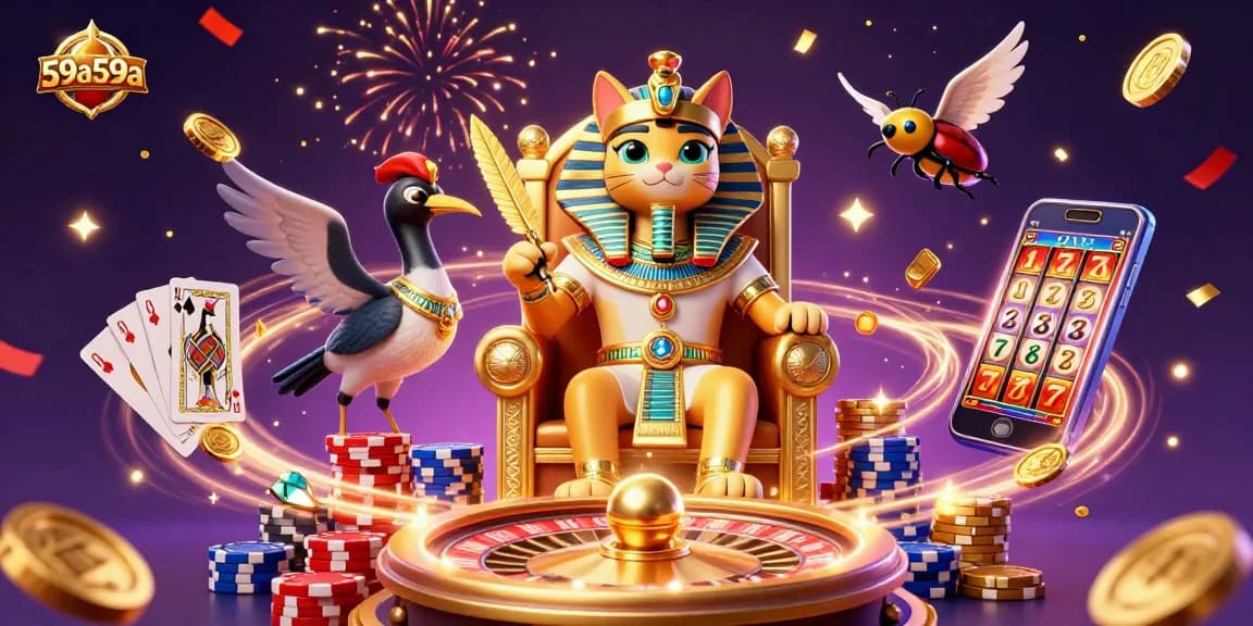 59a59a: ilustração 3D animada de um gato faraó egípcio jogando cartas enquanto ganha em um cassino.