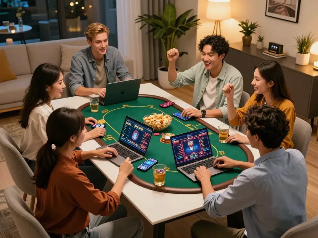 Friends enjoying an engaging online casino night with laptops, apps, and snacks in cozy atmosphere, focusing on responsible gaming with FC88.