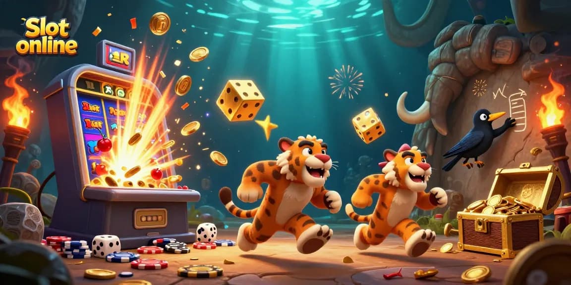 Spin the reels with engaging slot online gameplay featuring vibrant cavemen and casino decorations.