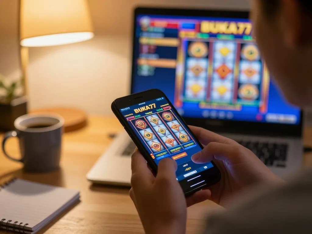 Engaging smartphone gameplay on BUKA77 slots, highlighting immersive online gambling experience