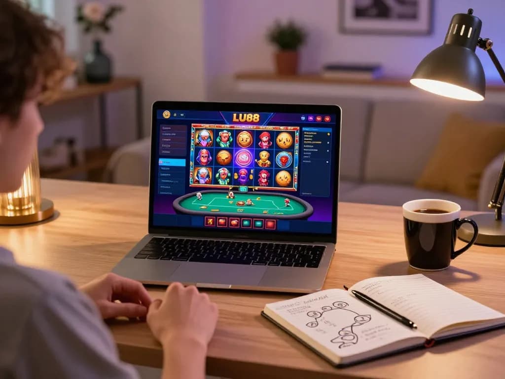 Engaging online gaming experience at LU88 with colorful slot games and strategic betting notes.