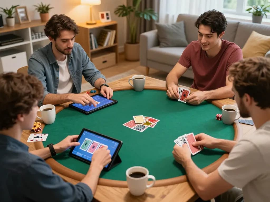 EE88 players strategizing in an online poker game at home, showcasing excitement and engagement.