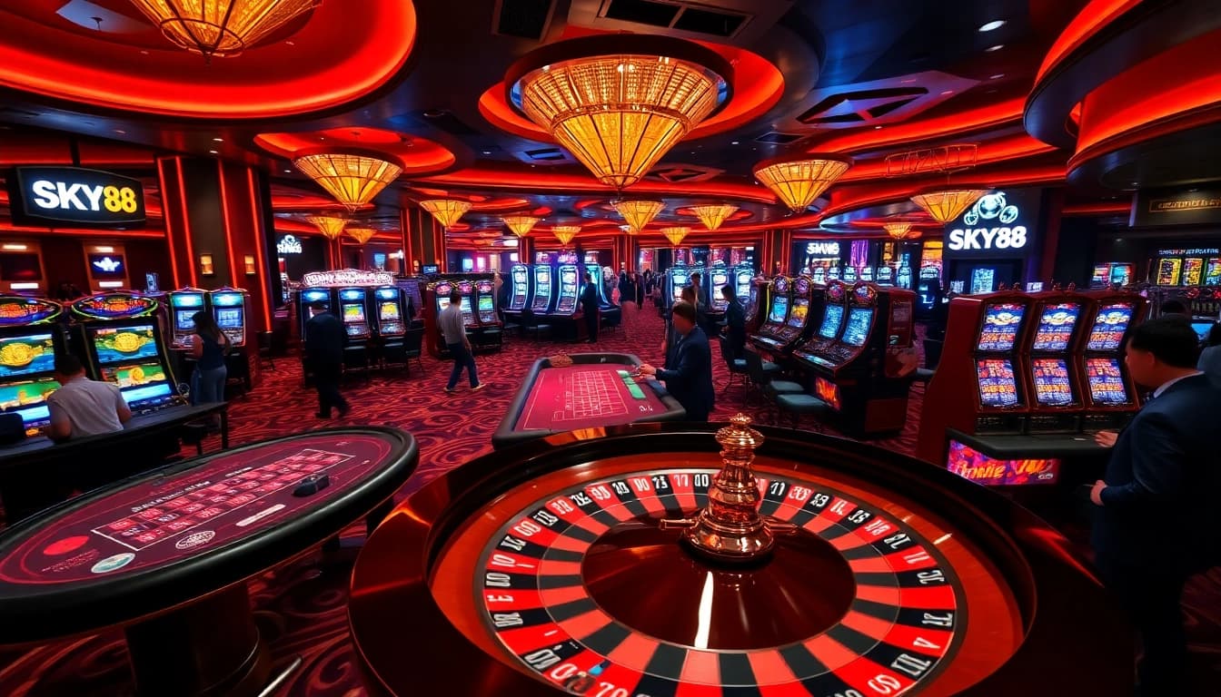 Sky88 casino scene with players at luxury gaming tables and vibrant slot machines.