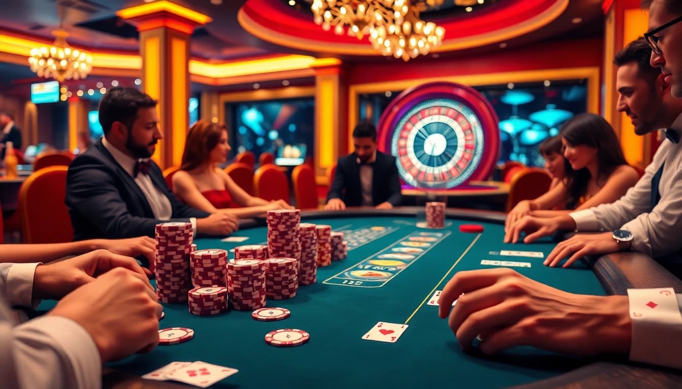 Players enjoying an exciting poker game at 123B casino, with vibrant colors and luxurious atmosphere.
