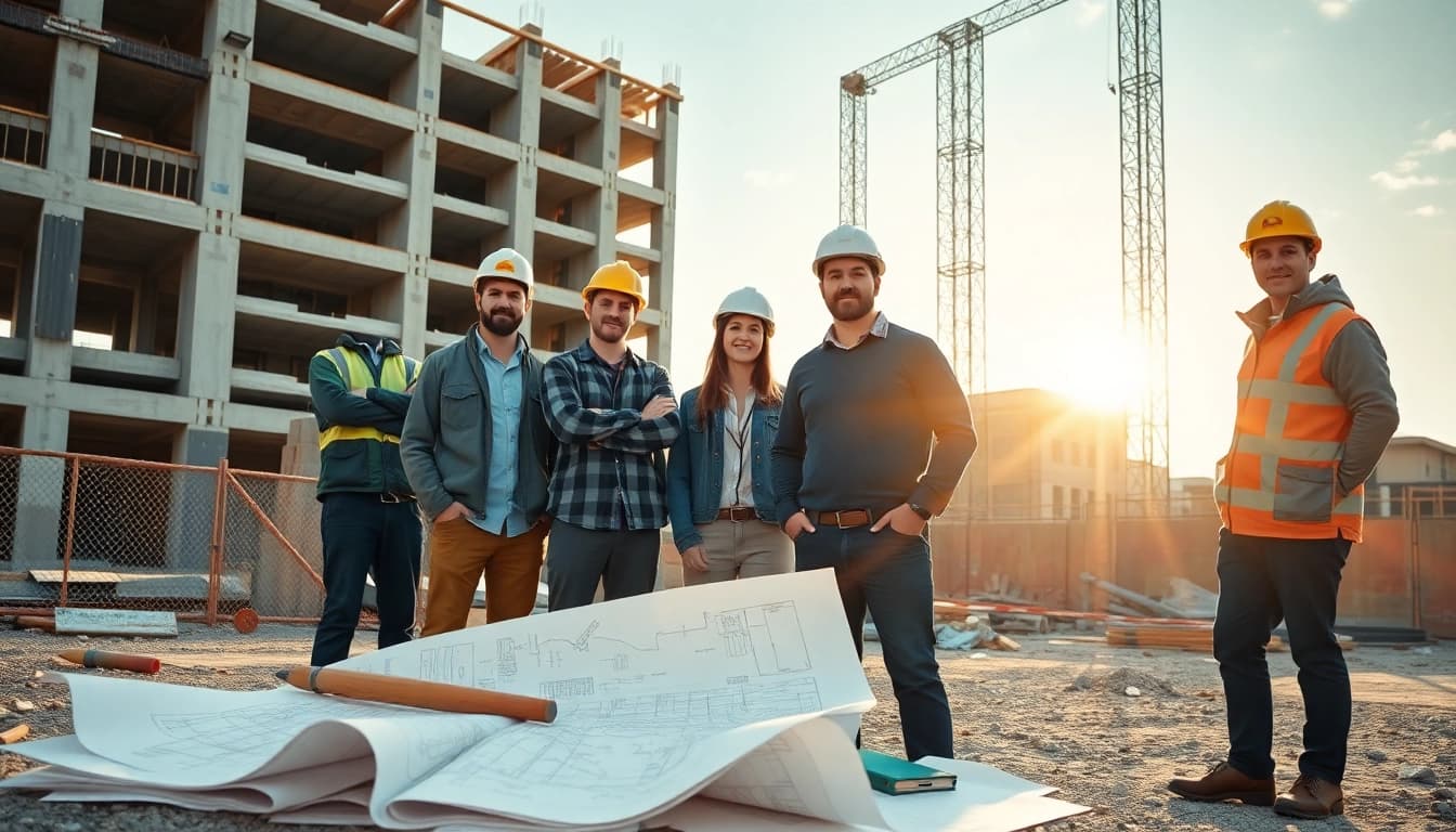 New Jersey General Contractor team collaborating on construction site with blueprints.