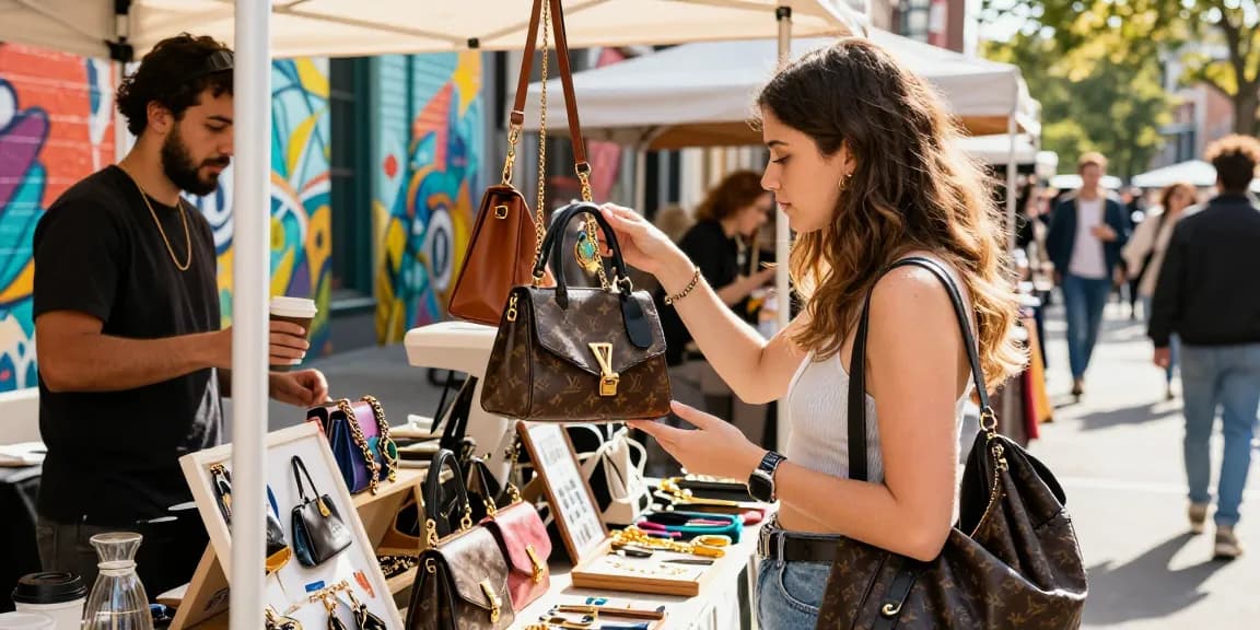 Young woman exploring stylish 레플리카 accessories in a trendy urban market.