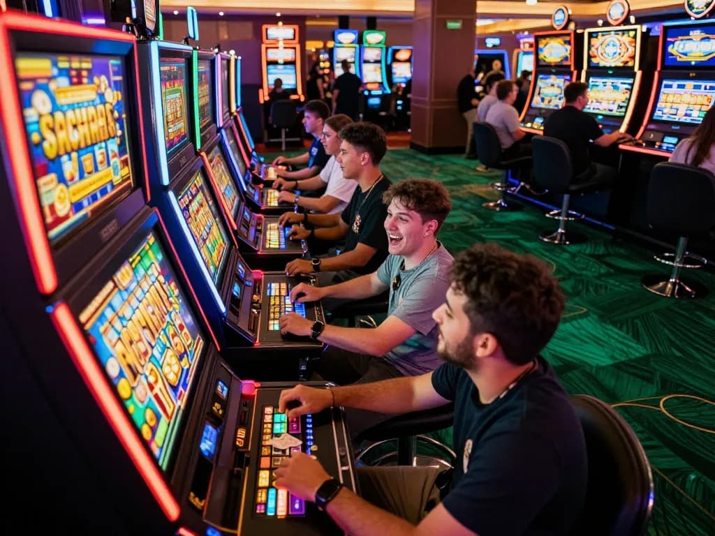 Engaging players spin slot machines with excitement in a lively casino setting