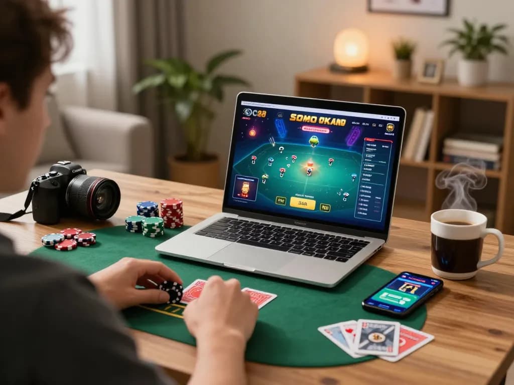 Player enjoying poker on SC88 app in a cozy home office, showcasing exciting gameplay.