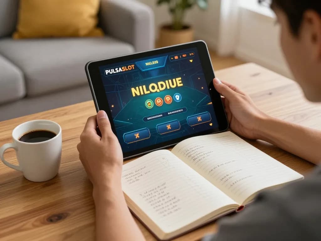 PULSASLOT player strategizing online gaming at home with tablet and notes.