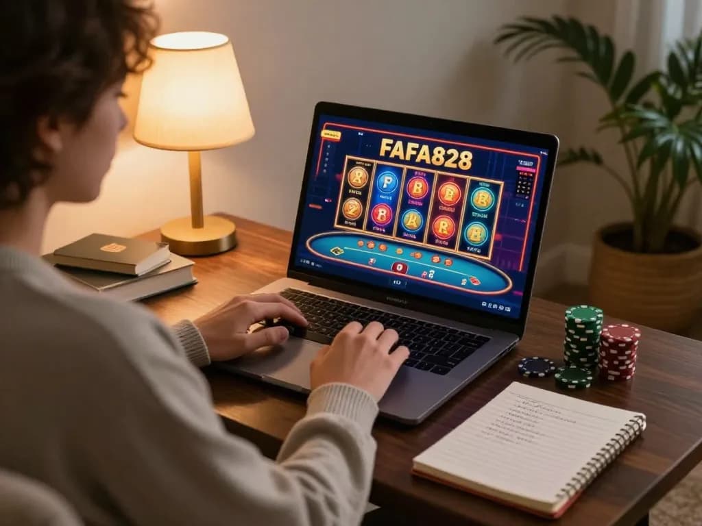 Engaged player using FAFA828 laptop for online casino gaming, surrounded by a cozy home setting.