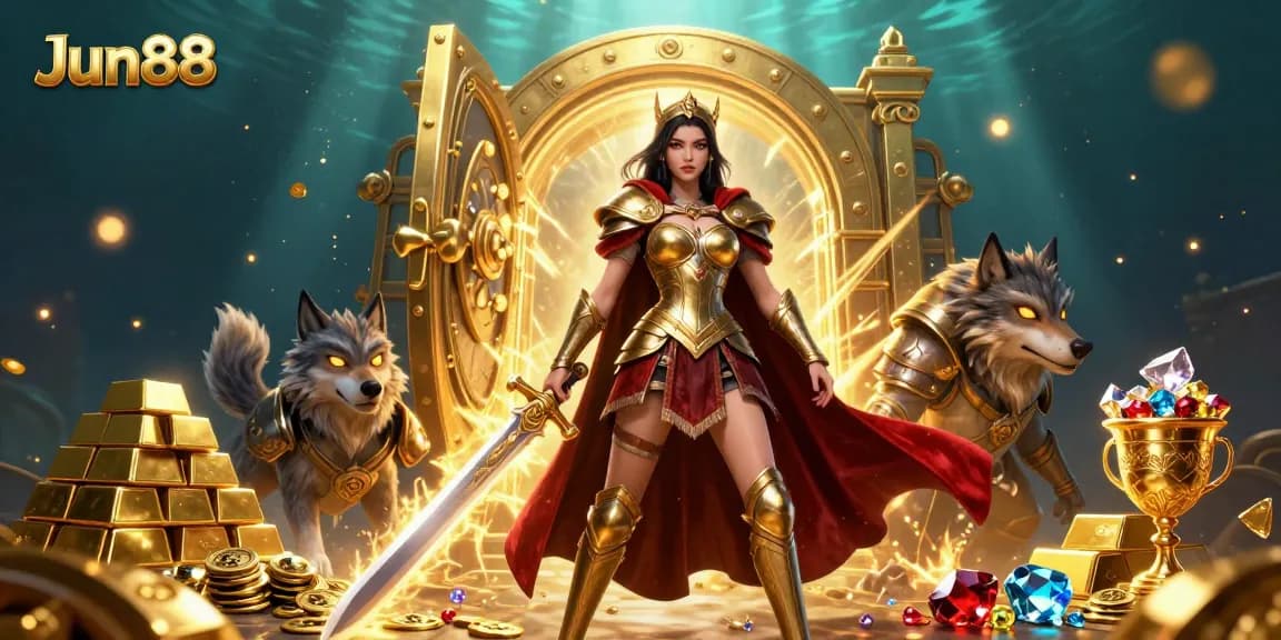 Experience the thrill of Jun88 online gaming with a warrior queen, treasure, and casino elements.