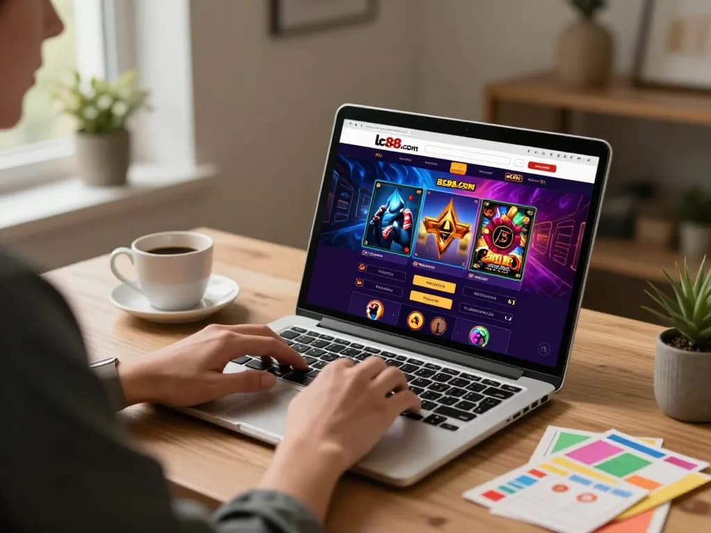Engaging online player enjoying games on lc88,com, depicting a cozy home gaming setup.