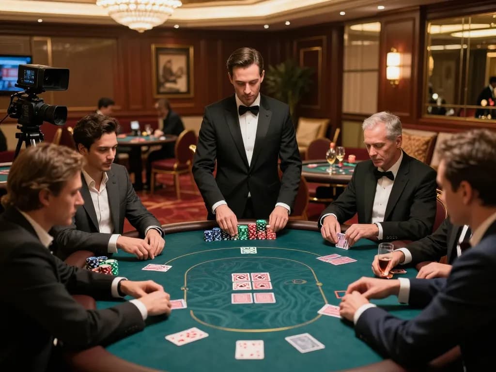 SHBET's high-stakes poker game in a luxurious casino VIP room, capturing intense gameplay and excitement.