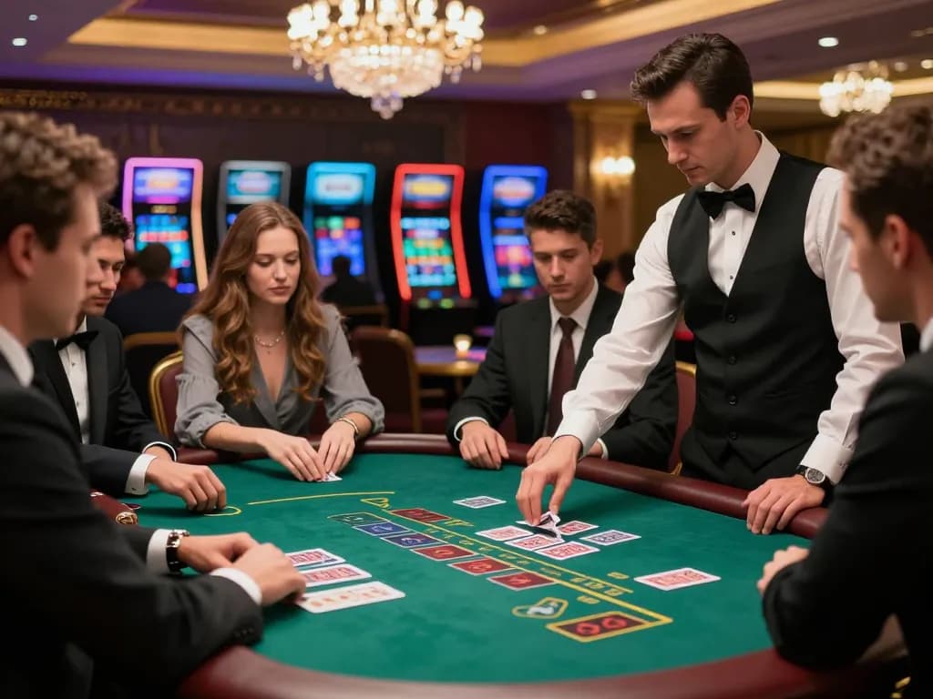 winstrike69 players engaging at a high-stakes blackjack table, showcasing strategic betting in luxury casino.