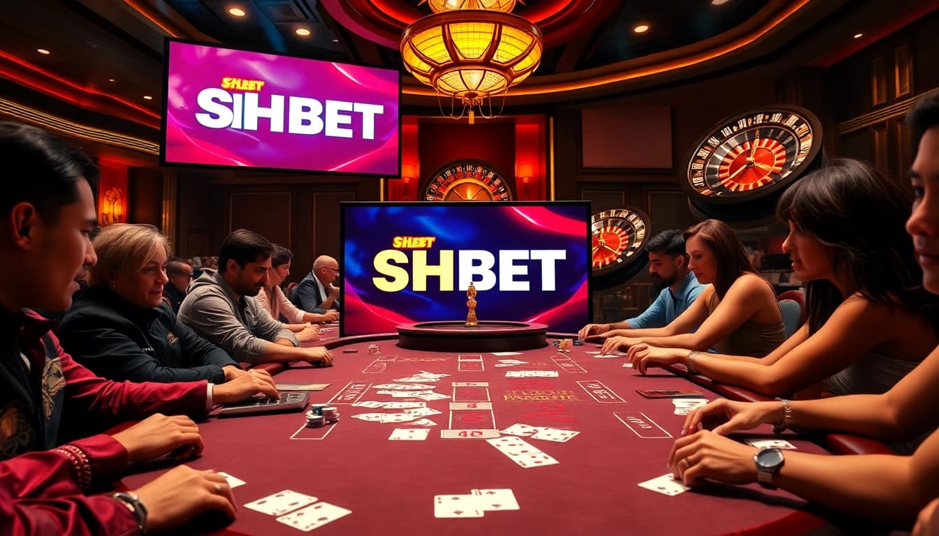 Experience thrilling gameplay with diverse players at SHBET's luxurious poker table.