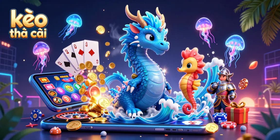 Engage with kèo nhà cái through a vivid 3D illustration depicting a vibrant casino scene filled with fantasy elements.