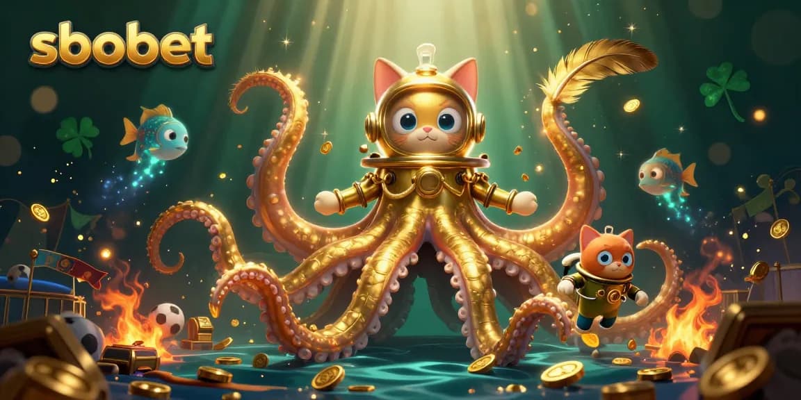 Bet on sbobet with a colorful 3D illustration showcasing an epic scene of a kraken and a diving cat.