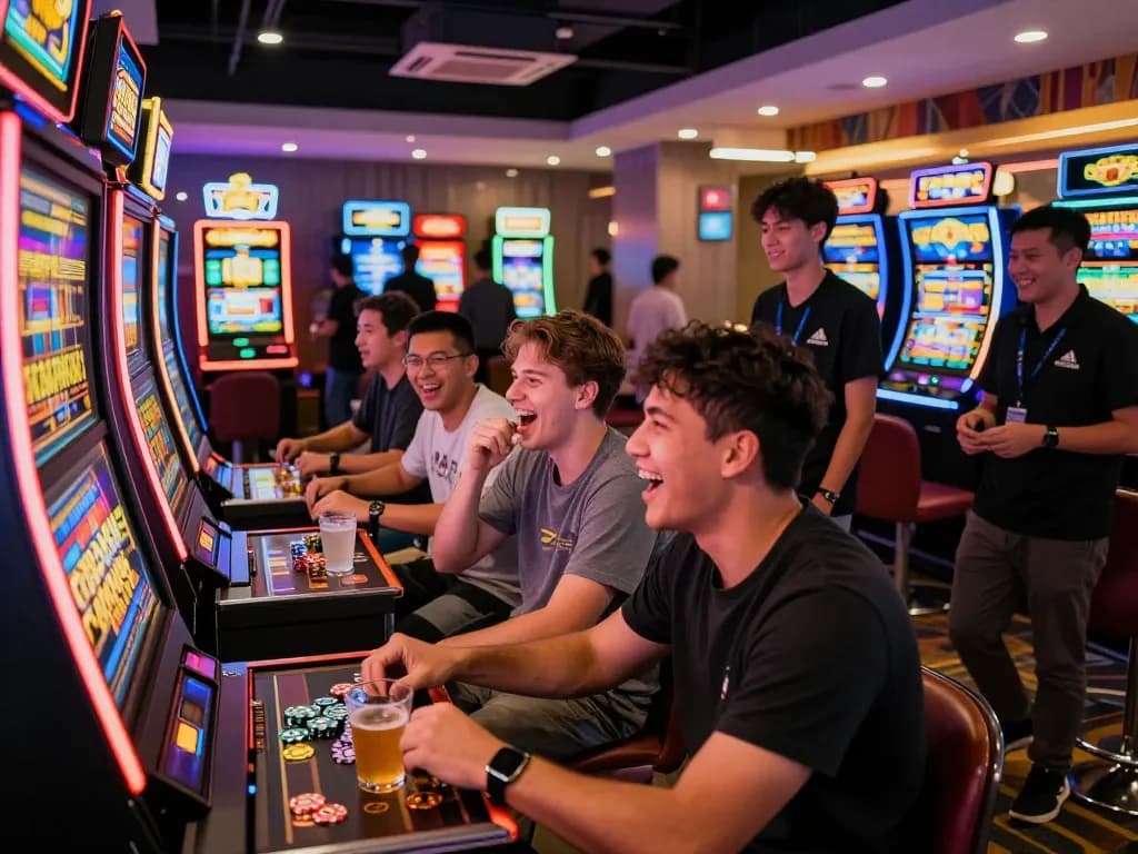 Group enjoying gaming at MANTRA88 with vibrant slots and lively atmosphere
