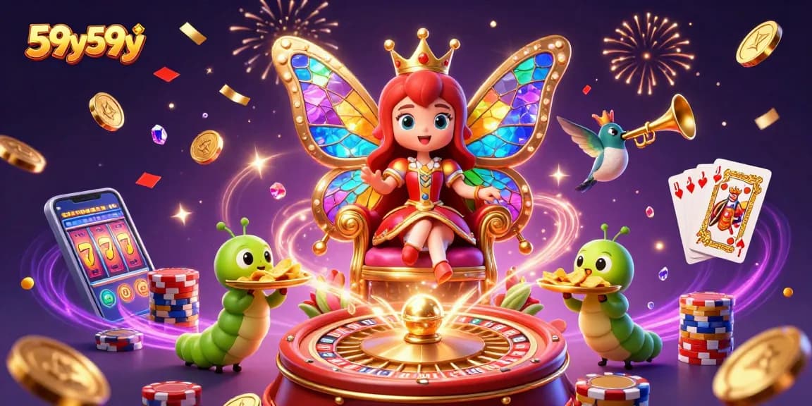Experience the enchanting world of 59y59y with a butterfly queen and vibrant casino elements.