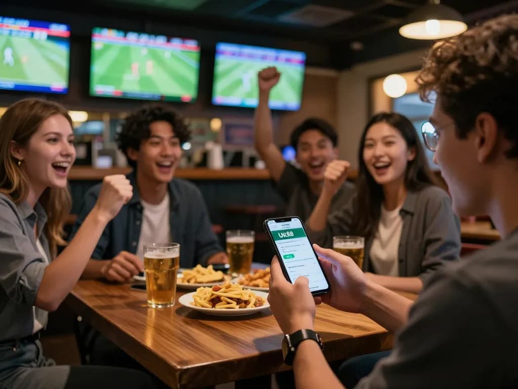 Experience live sports betting with Uk88 app in an exciting sports bar setting.