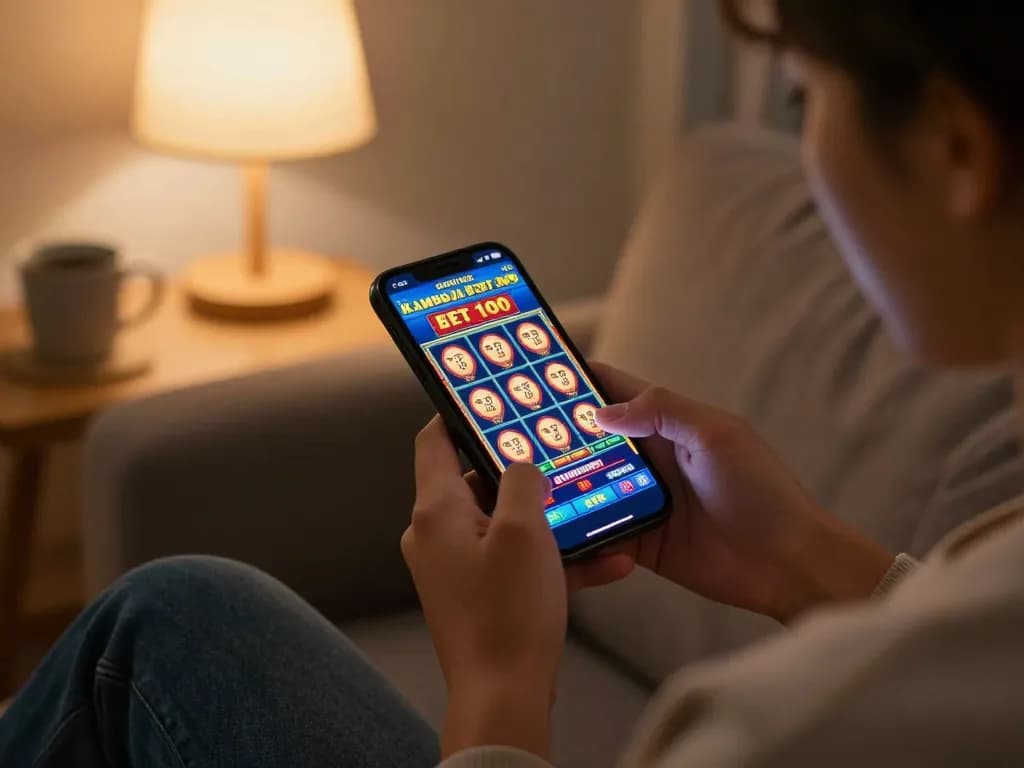 Excited gambler placing a slot kamboja bet 100 using a smartphone at home.
